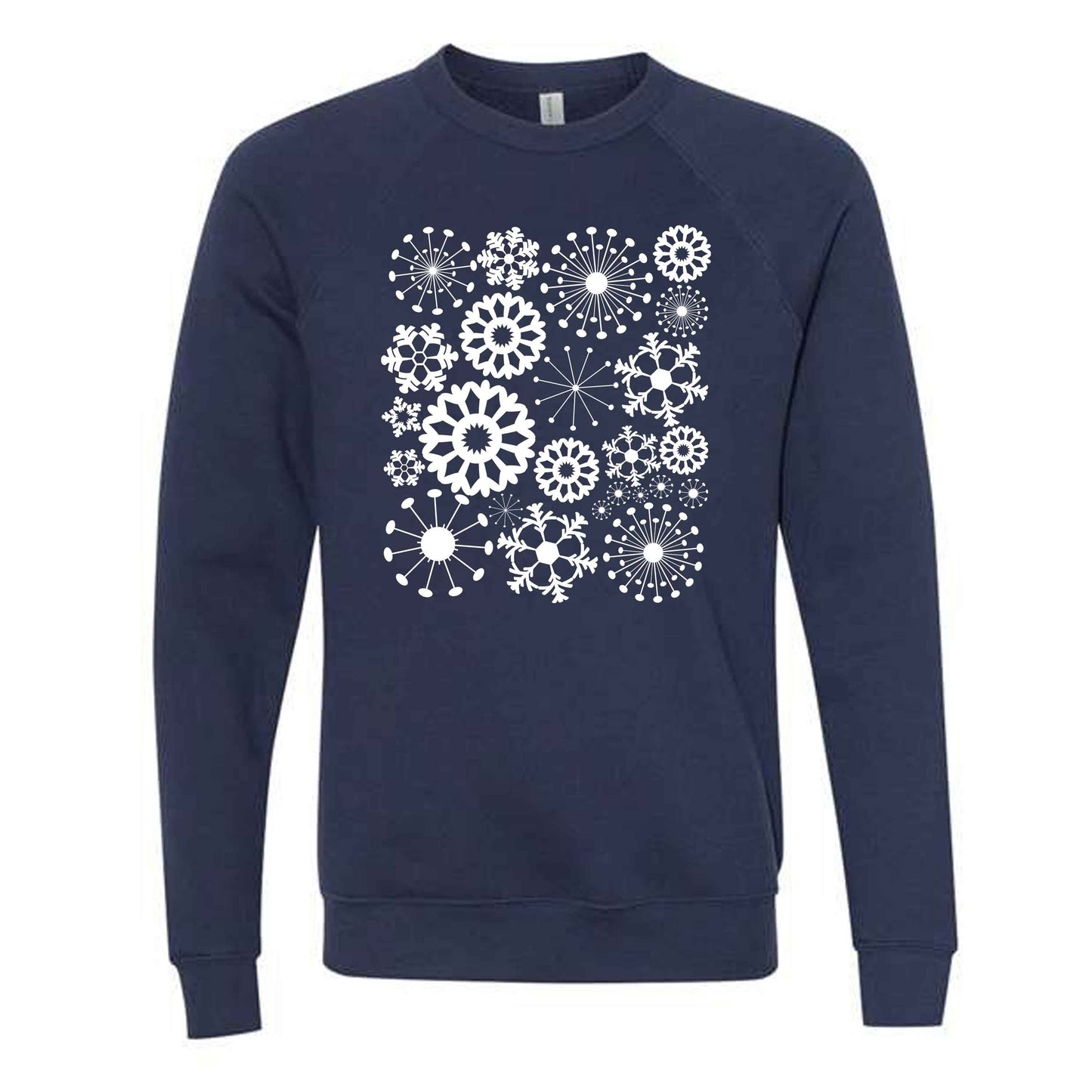 Winter Sweatshirt, Pretty White Snowflakes, Snowflakes Collage Design, Unisex Sponge Fleece Raglan Crewneck Bella + Canvas Sweatshirt