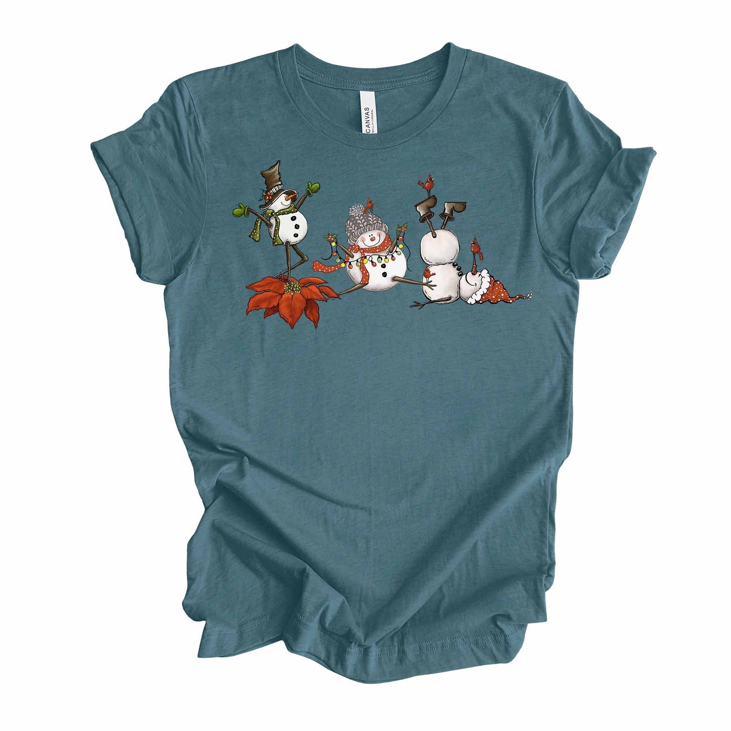 Christmas Tee, Super Fun Dancing Snowmen, Snowmen Having Fun Design on premium Bella + Canvas unisex shirt, 2 color choices, plus size