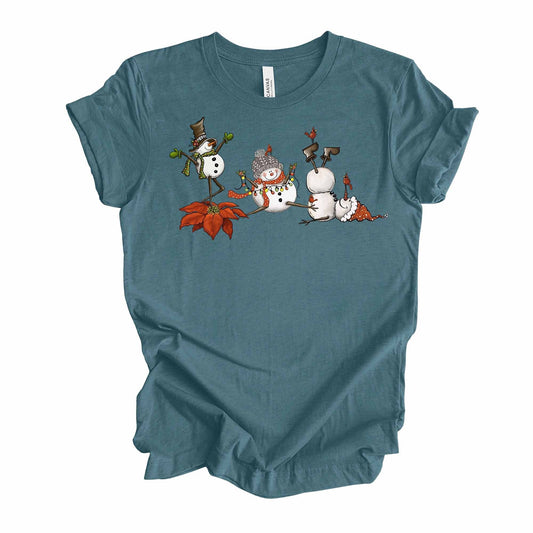 Christmas Tee, Super Fun Dancing Snowmen, Snowmen Having Fun Design on premium Bella + Canvas unisex shirt, 2 color choices, plus size