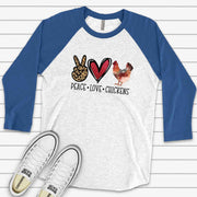 Chicken Raglan, PEACE LOVE CHICKENS, Chicken Mom, Love Chickens Design on premium Raglan 3/4 sleeve shirt, plus size, 2X, 3X