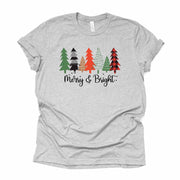 Christmas Tee, Cute Modern Christmas Trees, Merry & Bright Christmas Trees Design on premium cotton unisex shirt, plus sizes, 2x, 3x, 4x