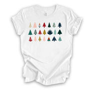 Christmas Tee, Fun Christmas Trees in Rows, Modern Christmas Trees in a Row Design on premium cotton unisex shirt, plus sizes, 2x, 3x, 4x