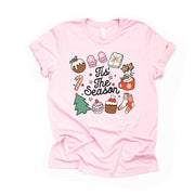 Christmas Tee, 'Tis The Season with Cute Christmas Icons, Hot Cocoa, Tree Design on premium cotton unisex shirt, plus sizes, 2x, 3x, 4x