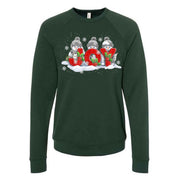 Christmas Sweatshirt, Pretty Snowmen with Knitted Joy, Snowy Design, Unisex Sponge Fleece Raglan Crewneck Bella + Canvas, Fall Sweatshirt