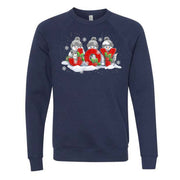 Christmas Sweatshirt, Pretty Snowmen with Knitted Joy, Snowy Design, Unisex Sponge Fleece Raglan Crewneck Bella + Canvas, Fall Sweatshirt