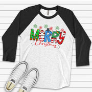 Christmas Raglan, Super Fun Merry Christmas Word Art, Fun Christmas Design, premium Raglan 3/4 sleeve shirt, plus size, 2X, 3X