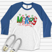Christmas Raglan, Super Fun Merry Christmas Word Art, Fun Christmas Design, premium Raglan 3/4 sleeve shirt, plus size, 2X, 3X