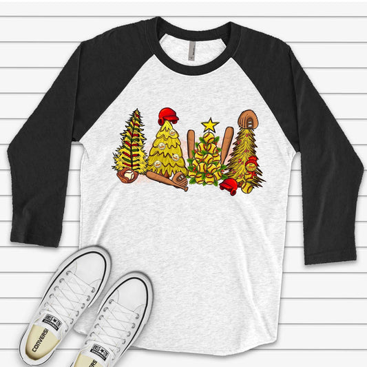 Christmas Raglan, Softball Christmas, Softball Player Christmas Trees, Softball Design, premium Raglan 3/4 sleeve shirt, plus size, 2X, 3X