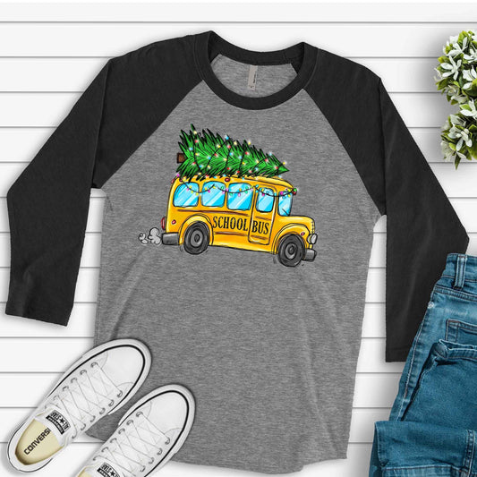 Christmas Raglan, School Bus Christmas with Tree, Christmas School Bus Driver Design, premium Raglan 3/4 sleeve shirt, plus size, 2X, 3X