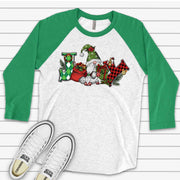 Christmas Raglan, Super Cute Christmas Gnome, Gnome with Christmas Joy Design, premium Raglan 3/4 sleeve shirt, plus size, 2X, 3X