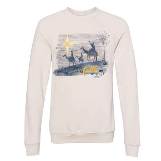 Christmas Christian, For We Walk By Faith Not By Sight, Wisemen Seeking Jesus, Unisex Sponge Fleece Raglan Crewneck Bella Canvas Sweatshirt
