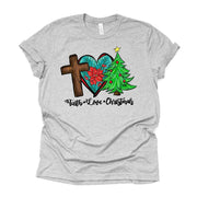FAITH LOVE CHRISTMAS, Cross, Poinsettia and Christmas Tree Design on premium  unisex shirt, 3 color choices, 3x 4x christmas, plus sizes