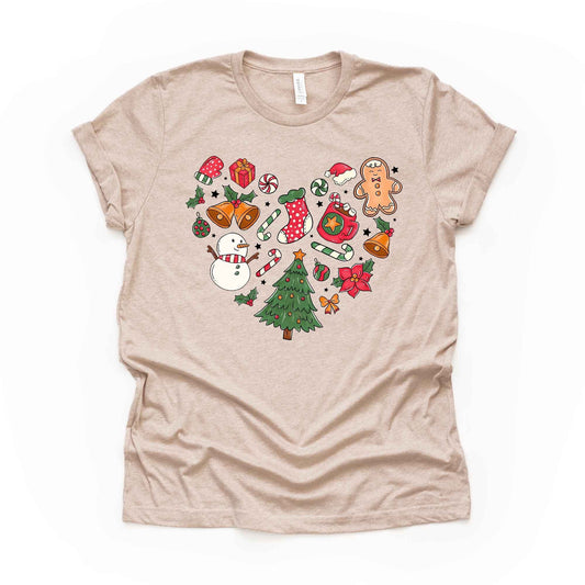 Christmas Tee, Fun Christmas Icons in a Heart, Love Christmas Design on premium  unisex shirt, 3 color choices, 3x 4x christmas, plus sizes