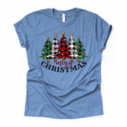 Christmas Tee, Plaid Christmas Trees, Merry Christmas Plaid Trees Design on premium Bella + Canvas unisex shirt, 2 color choices, plus size