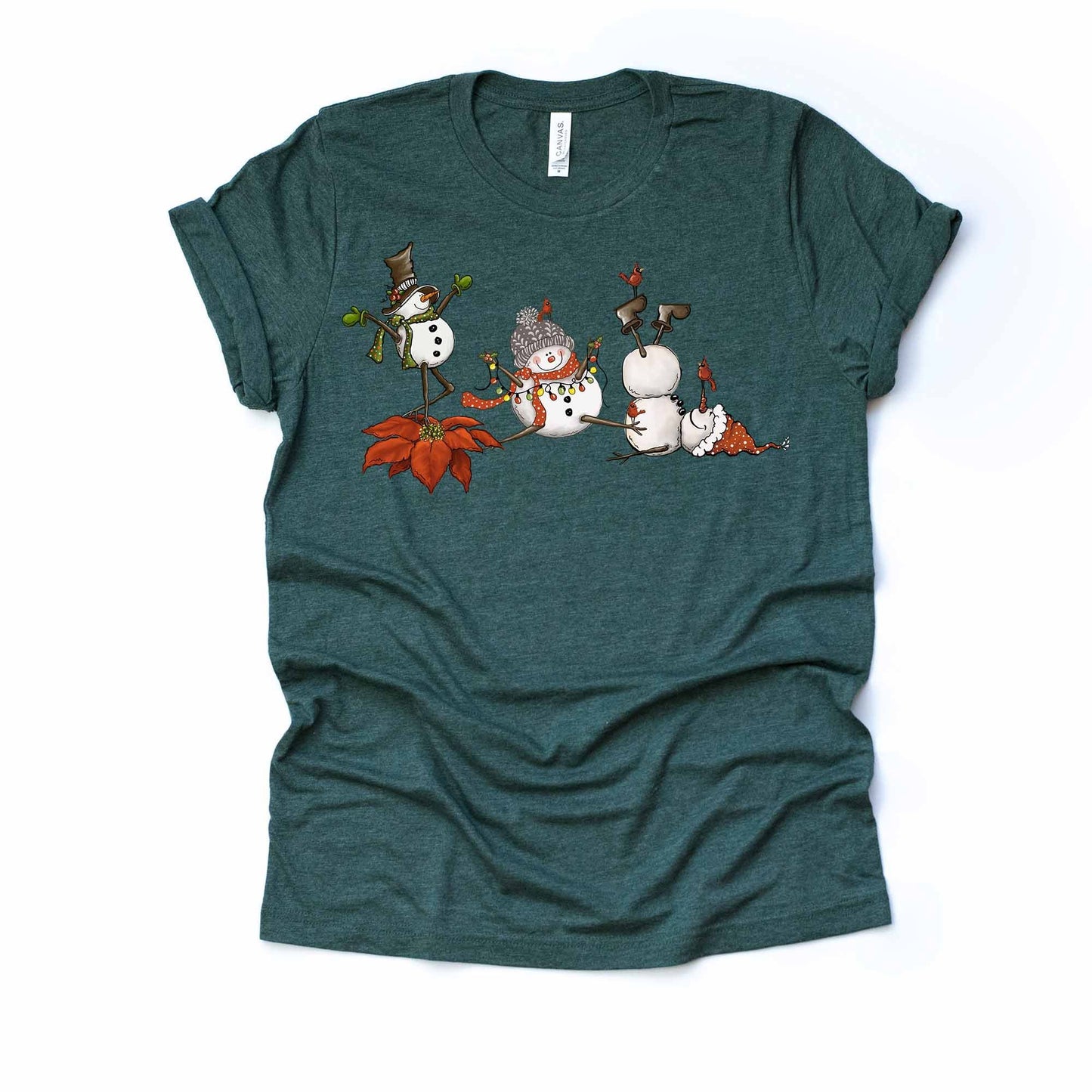 Christmas Tee, Super Fun Dancing Snowmen, Snowmen Having Fun Design on premium Bella + Canvas unisex shirt, 2 color choices, plus size