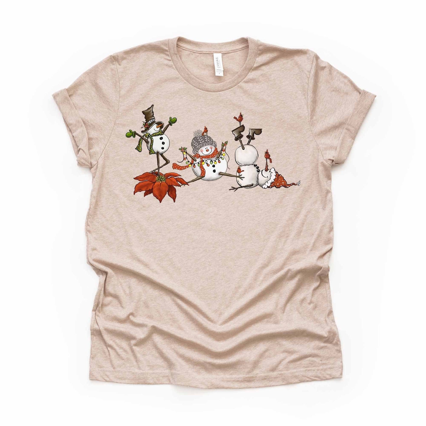 Christmas Tee, Super Fun Dancing Snowmen, Snowmen Having Fun Design on premium Bella + Canvas unisex shirt, 2 color choices, plus size