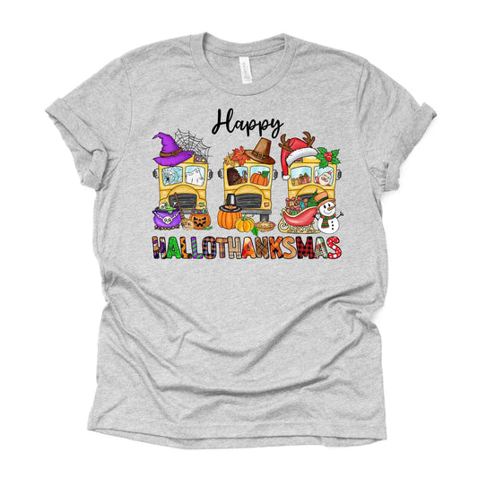 Bus Driver Holiday, Happy HalloThanksMas, Halloween, Thanksgiving and Christmas Bus Design, premium unisex shirt, 2 color choices, plus size
