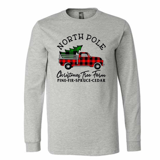 Christmas Long Sleeve Tee, Christmas Tree Farm with Plaid Vintage Truck Design on premium unisex long sleeve tee, 3x plus size long sleeve