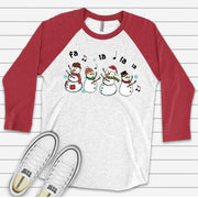 Christmas Raglan, Cute Dancing Snowmen Singing Fa La La La, Singing Snowman Design on premium Raglan 3/4 sleeve shirt, plus size, 2X, 3X