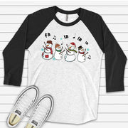 Christmas Raglan, Cute Dancing Snowmen Singing Fa La La La, Singing Snowman Design on premium Raglan 3/4 sleeve shirt, plus size, 2X, 3X