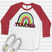 Christmas Raglan, Super Cute Christmas Teacher Rainbow, Christmas Teacher Design on premium Raglan 3/4 sleeve shirt, plus size, 2X, 3X
