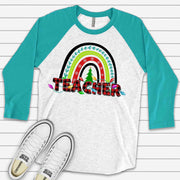 Christmas Raglan, Super Cute Christmas Teacher Rainbow, Christmas Teacher Design on premium Raglan 3/4 sleeve shirt, plus size, 2X, 3X