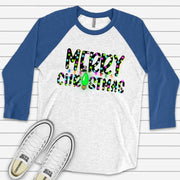Christmas Raglan, Super Cute Neon Bright Lights Merry Christmas Design on premium Raglan 3/4 sleeve shirt, plus size, 2X, 3X