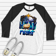 Christmas Raglan, Oh Holy Night, Baby Jesus Manger Scene, Christmas Nativity Design on premium Raglan 3/4 sleeve shirt, plus size, 2X, 3X