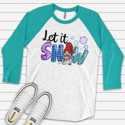 Christmas Raglan, Let It Snow, Cute Winter Gnome with Snow Design on premium Raglan 3/4 sleeve shirt, plus size, 2X, 3X