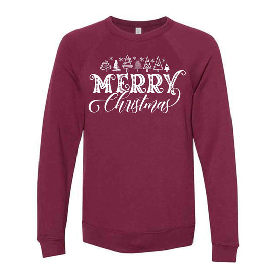 Christmas Sweatshirt, Beautiful Merry Christmas with Trees Design, Unisex Sponge Fleece Raglan Crewneck Bella + Canvas, Fall Sweatshirt