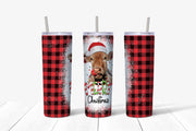 20 oz Skinny Tumbler, Christmas Cow with Red Buffalo Plaid Tumbler, Fun Christmas Tumbler, Christmas Skinny, 20 oz Stainless Steel Tumbler