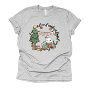 Christmas Tee, Super Cute Snowman with Wreath and Christmas Tree Design on premium unisex shirt, 2 color choices, plus sizes available