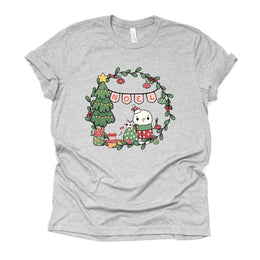 Christmas Tee, Super Cute Snowman with Wreath and Christmas Tree Design on premium unisex shirt, 2 color choices, plus sizes available