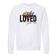 Christian Sweatshirt, LOVED John 3:16, Beautiful Christian LOVED Floral Design, Unisex Sponge Fleece Raglan Crewneck Bella Canvas Sweatshirt