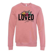 Christian Sweatshirt, LOVED John 3:16, Beautiful Christian LOVED Floral Design, Unisex Sponge Fleece Raglan Crewneck Bella Canvas Sweatshirt