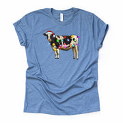 Christmas Tee, Super Cute Christmas Cow with Colorful Christmas Lights Design on premium unisex shirt, 3 color choices, 3x santa, 4x santa