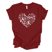 Christmas Tee, Cute Christmas Icons in Heart, Love Everything Christmas Design on premium unisex shirt, 3 color choices, 3x santa, 4x santa