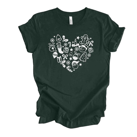 Christmas Tee, Cute Christmas Icons in Heart, Love Everything Christmas Design on premium unisex shirt, 3 color choices, 3x santa, 4x santa