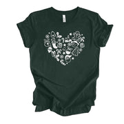 Christmas Tee, Cute Christmas Icons in Heart, Love Everything Christmas Design on premium unisex shirt, 3 color choices, 3x santa, 4x santa