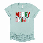Christmas Tee, Super Fun Merry and Bright Word Art, Merry & Bright Design on premium unisex shirt, 3 color choices, 3x santa, 4x santa