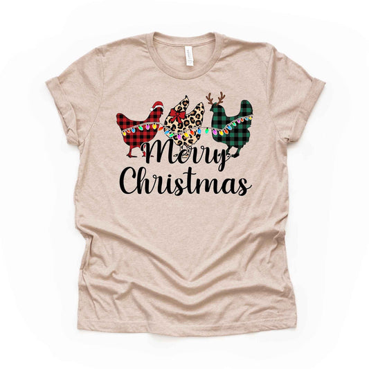 Christmas Tee, Fun Christmas Chickens with Lights, Chickens with Lights Design on premium unisex shirt, 3 color choices, 3x santa, 4x santa
