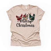 Christmas Tee, Fun Christmas Chickens with Lights, Chickens with Lights Design on premium unisex shirt, 3 color choices, 3x santa, 4x santa