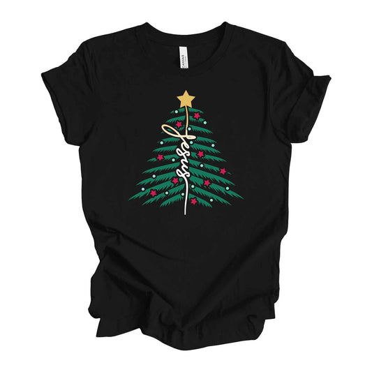 Christmas Tee, Pretty Christmas Tree with Jesus, Christian Christmas Design on premium unisex shirt, 3 color choices, 3x santa, 4x santa