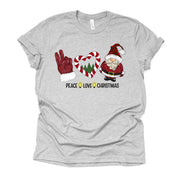 Christmas Tee, PEACE LOVE CHRISTMAS, Love Christmas with Cute Santa Design on premium unisex shirt, 3 color choices, 3x santa, 4x santa