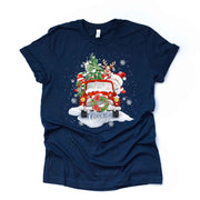 Christmas Tee, Cute Old Red Truck with Santa, Reindeer and Gnome Design on premium unisex shirt, 2 color choices, plus sizes available