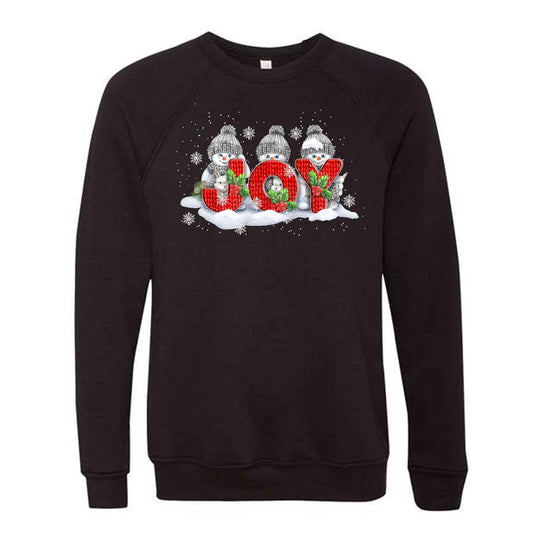 Christmas Sweatshirt, Pretty Snowmen with Knitted Joy, Snowy Design, Unisex Sponge Fleece Raglan Crewneck Bella + Canvas, Fall Sweatshirt