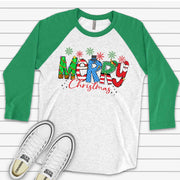 Christmas Raglan, Super Fun Merry Christmas Word Art, Fun Christmas Design, premium Raglan 3/4 sleeve shirt, plus size, 2X, 3X