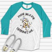 Christmas Raglan, Funny Christmas Cat, Cat Tangled in Lights, Everything Is Fine Design, premium Raglan 3/4 sleeve shirt, plus size, 2X, 3X