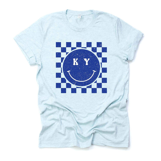 Kentucky Tee, Super Fun Blue Racing Check Kentucky Smiley Design, KY premium unisex shirt, 3 color choices, 3x 4x christmas, plus sizes