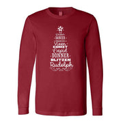 Christmas Long Sleeve, Cute List of Santa's Reindeer, Reindeer Names Tree Design, premium unisex long sleeve tee, 3x plus size long sleeve